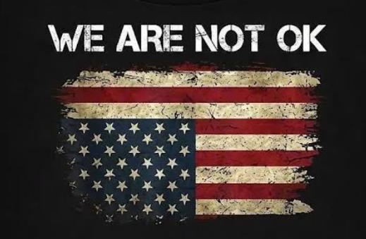 Upside down flag with 'We are not OK' caption
